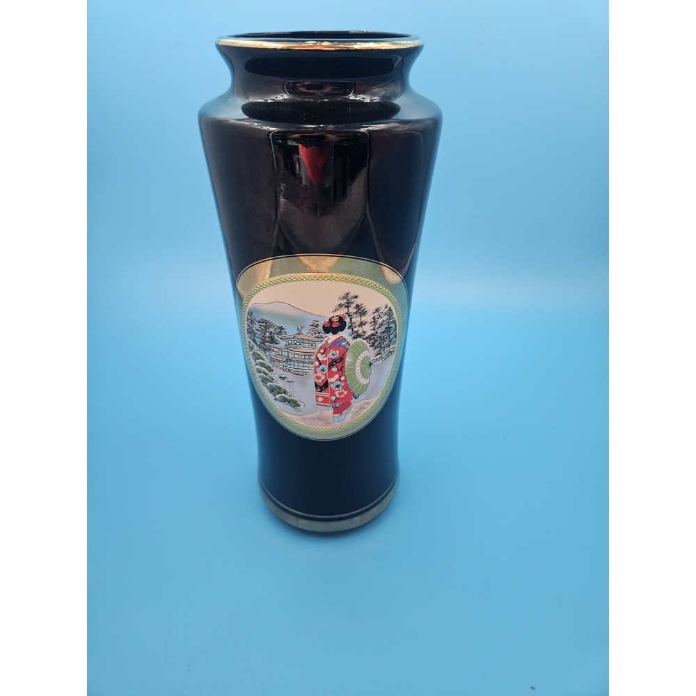 Vintage Art of Chokin Black Ceramic Vase from Japan